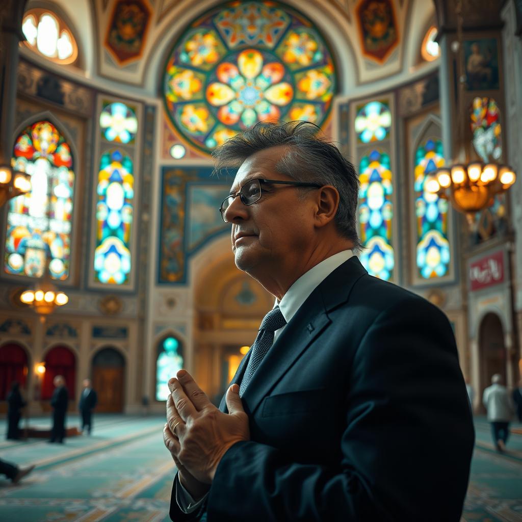 A unique scene depicting a middle-aged man resembling a political figure, with distinctive hairstyle and a suit, respectfully praying inside a beautifully decorated mosque