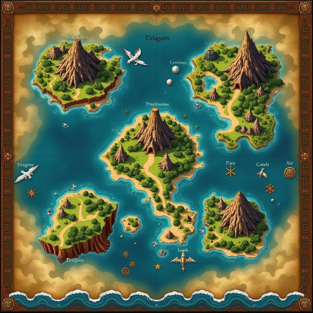 A vibrant fantasy map featuring five distinct islands, each uniquely themed