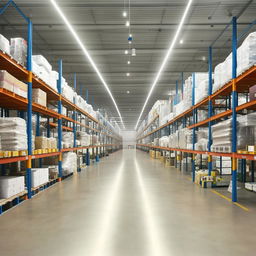 A sprawling, industrial-style warehouse with neat rows of high shelves filled with various unopened boxes, under an expanse of high, exposed ceilings and concrete floors illuminated by numerous overhead lights.