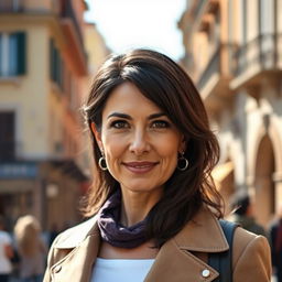 A 39-year-old woman with dark hair, showcasing Italian features