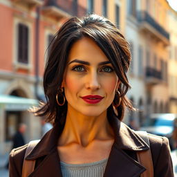 A 39-year-old woman with dark hair, showcasing Italian features