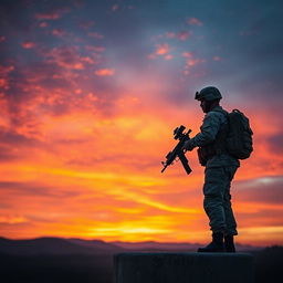 A soldier standing watch in a turret, dressed in camouflaged tactical gear, holding a rifle, overlooking a breathtaking sunset sky filled with vibrant orange, pink, and purple hues