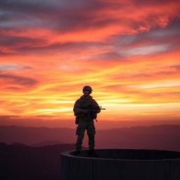A soldier standing watch in a turret, dressed in camouflaged tactical gear, holding a rifle, overlooking a breathtaking sunset sky filled with vibrant orange, pink, and purple hues