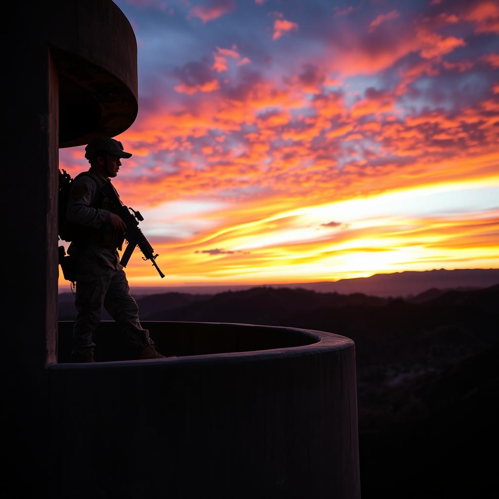 A soldier standing watch in a turret, dressed in camouflaged tactical gear, holding a rifle, overlooking a breathtaking sunset sky filled with vibrant orange, pink, and purple hues