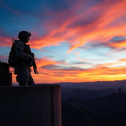 A soldier standing watch in a turret, dressed in camouflaged tactical gear, holding a rifle, overlooking a breathtaking sunset sky filled with vibrant orange, pink, and purple hues
