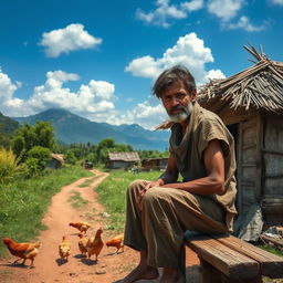 A scene depicting a poor man in a rural village setting