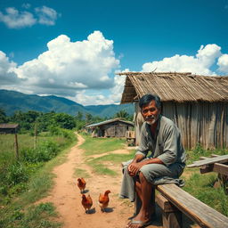A scene depicting a poor man in a rural village setting