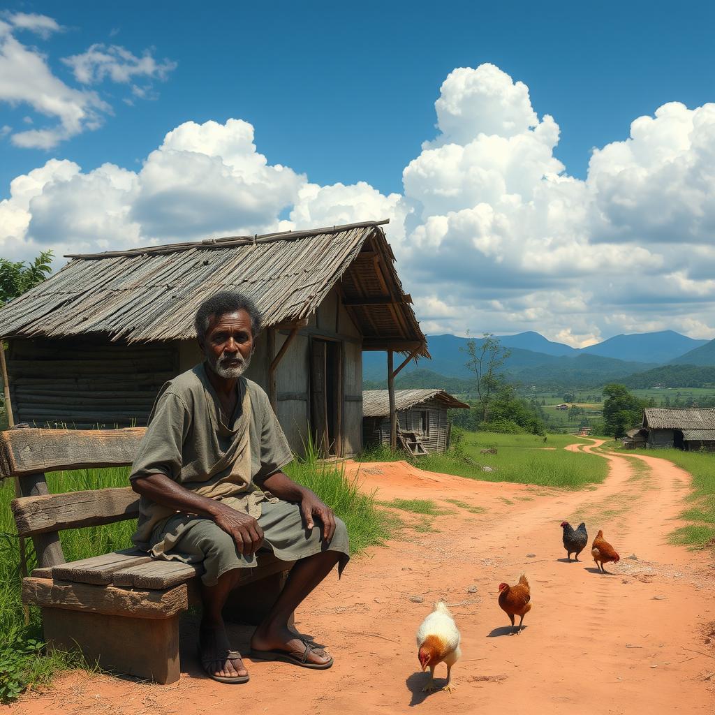 A scene depicting a poor man in a rural village setting