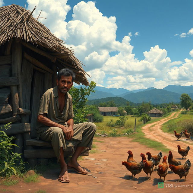 A scene depicting a poor man in a rural village setting