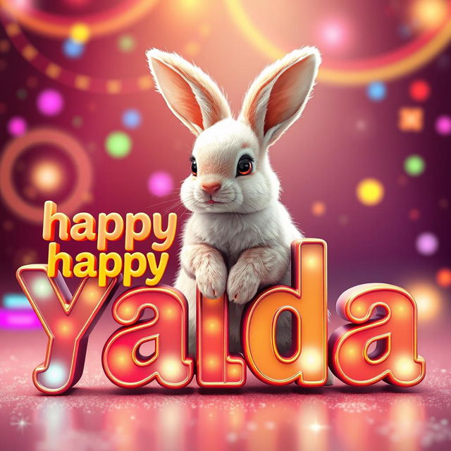 A beautifully detailed rabbit sitting on the first 'p' of the text 'happy Yalda night'