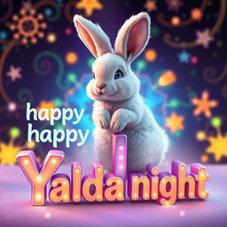 A beautifully detailed rabbit sitting on the first 'p' of the text 'happy Yalda night'