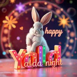 A beautifully detailed rabbit sitting on the first 'p' of the text 'happy Yalda night'