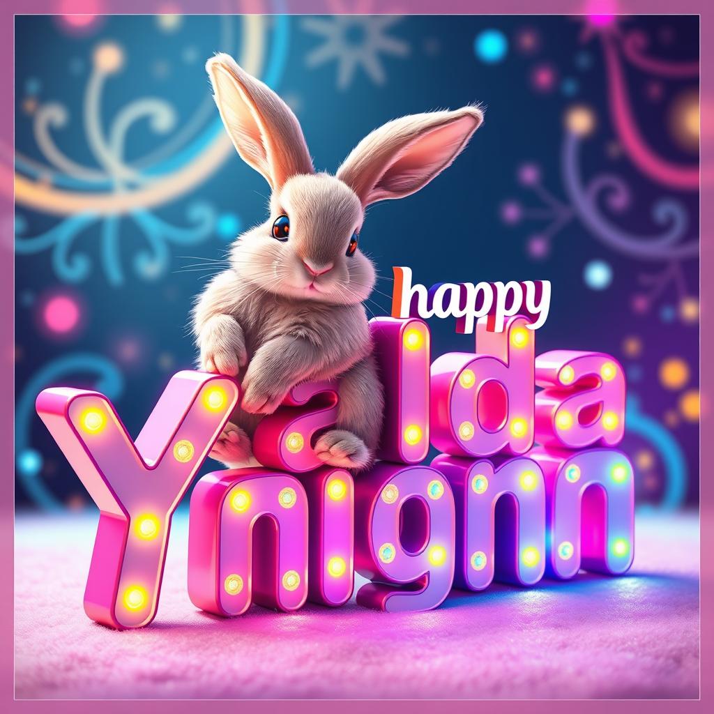 A beautifully detailed rabbit sitting on the first 'p' of the text 'happy Yalda night'