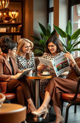 A group of middle-class moms engaging in a lively discussion at a stylish café