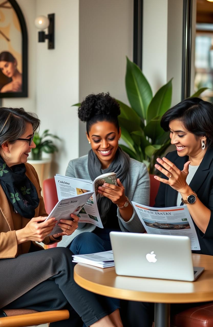 A group of middle-class moms engaging in a lively discussion at a stylish café
