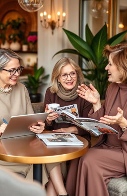 A group of middle-class moms engaging in a lively discussion at a stylish café