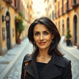 A 39-year-old woman with dark hair, featuring distinct Italian traits