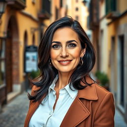 A 39-year-old woman with dark hair, featuring distinct Italian traits