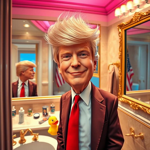 A surreal and humorous scene depicting a man resembling Donald Trump, with his iconic hairstyle and a playful grin, standing confidently in a lavishly decorated bathroom