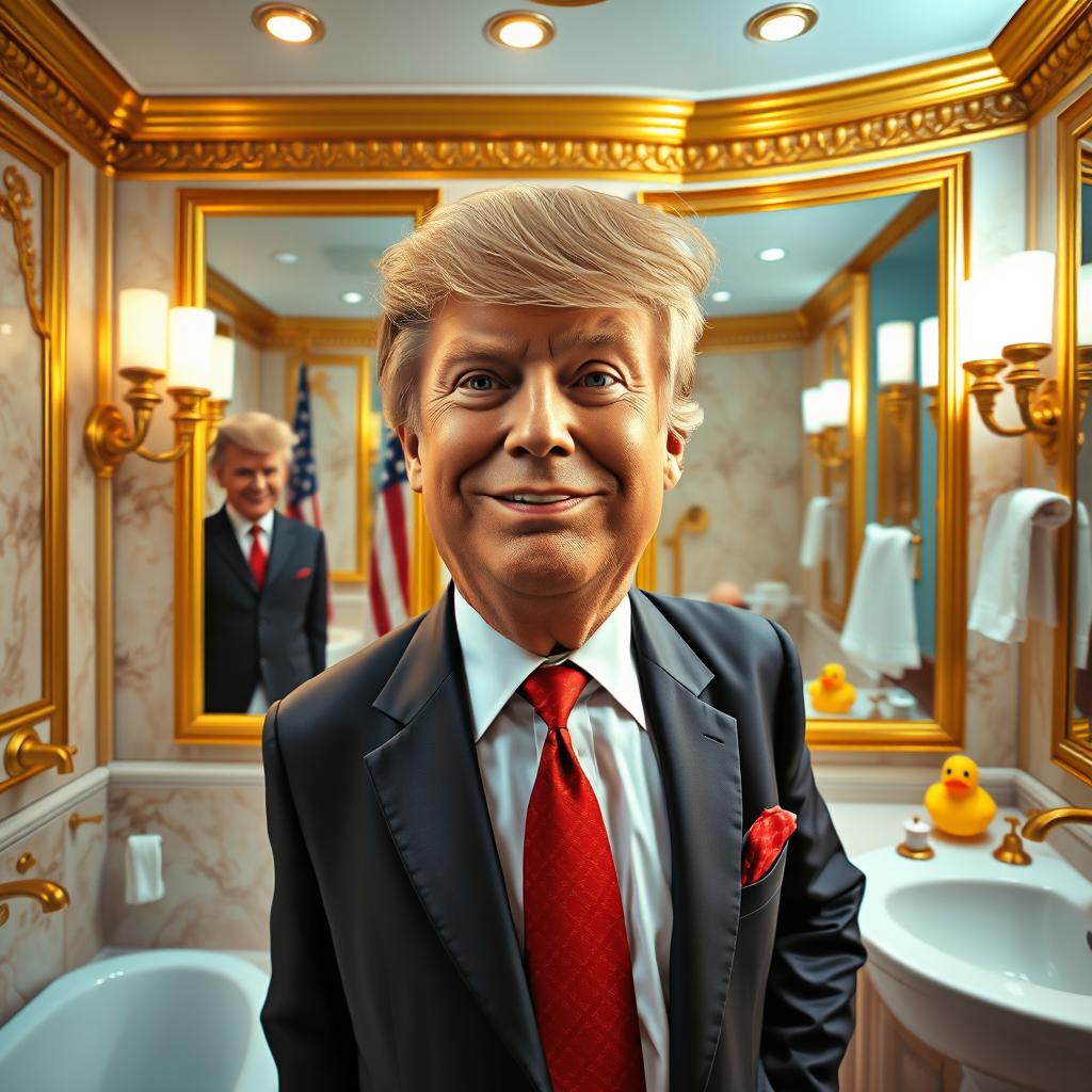 A surreal and humorous scene depicting a man resembling Donald Trump, with his iconic hairstyle and a playful grin, standing confidently in a lavishly decorated bathroom