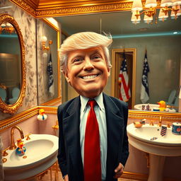 A surreal and humorous scene depicting a man resembling Donald Trump, with his iconic hairstyle and a playful grin, standing confidently in a lavishly decorated bathroom