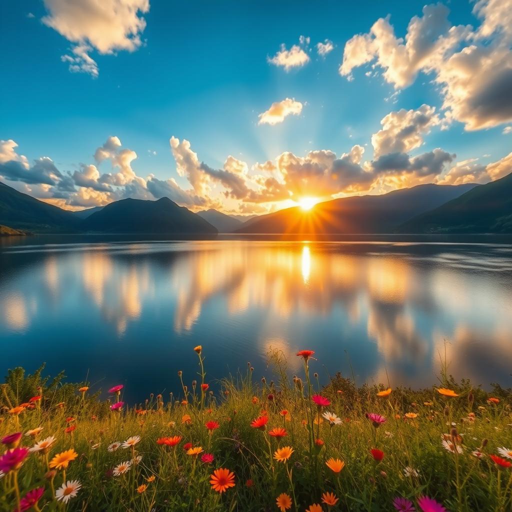 A high-definition image of a serene landscape featuring a calm lake reflecting a blue sky with fluffy white clouds, surrounded by lush green mountains