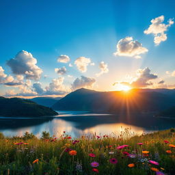 A high-definition image of a serene landscape featuring a calm lake reflecting a blue sky with fluffy white clouds, surrounded by lush green mountains