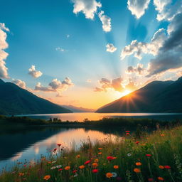 A high-definition image of a serene landscape featuring a calm lake reflecting a blue sky with fluffy white clouds, surrounded by lush green mountains