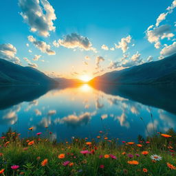 A high-definition image of a serene landscape featuring a calm lake reflecting a blue sky with fluffy white clouds, surrounded by lush green mountains
