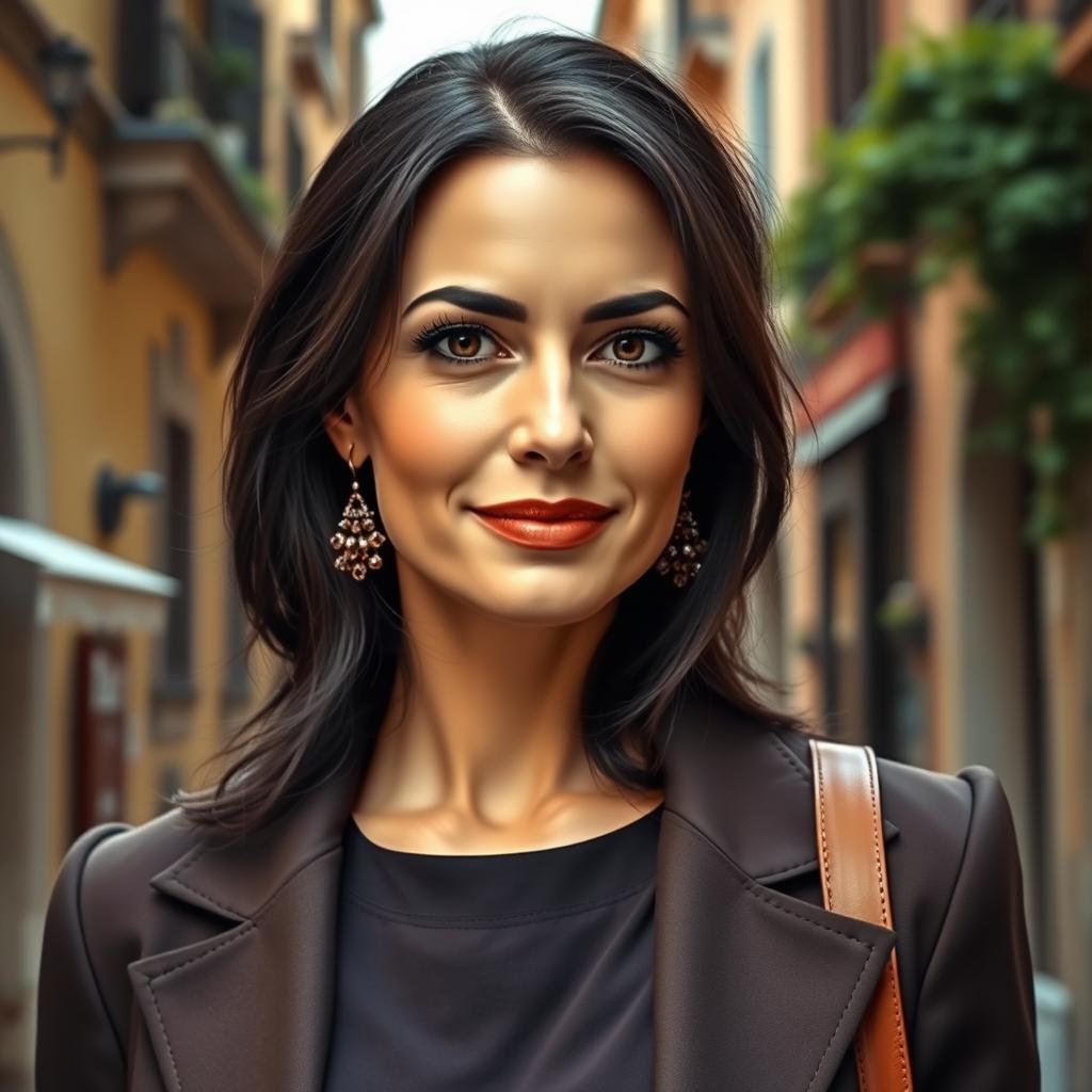 A realistic portrayal of a 39-year-old woman with dark hair, embodying traditional Italian features