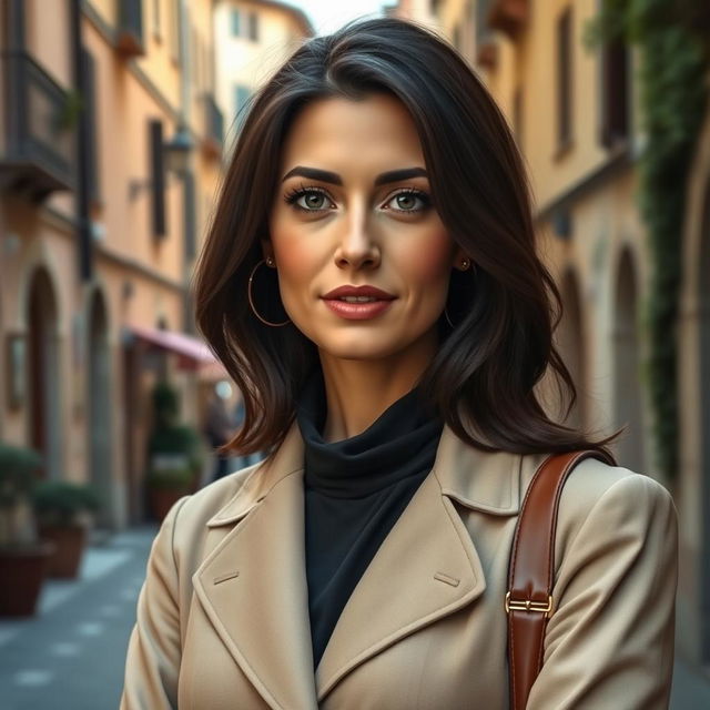 A realistic portrayal of a 39-year-old woman with dark hair, embodying traditional Italian features