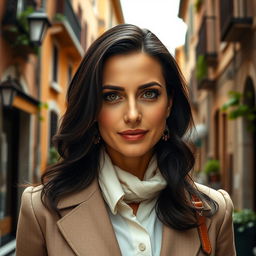 A realistic portrayal of a 39-year-old woman with dark hair, embodying traditional Italian features