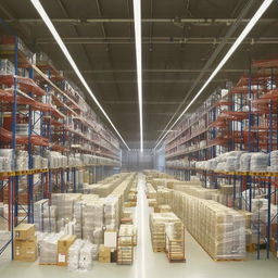 A sprawling, industrial-style warehouse with neat rows of high shelves filled with various unopened boxes, under an expanse of high, exposed ceilings and concrete floors illuminated by numerous overhead lights.