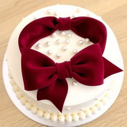 A beautifully decorated round white cake adorned with a large burgundy bow on top