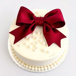 A beautifully decorated round white cake adorned with a large burgundy bow on top