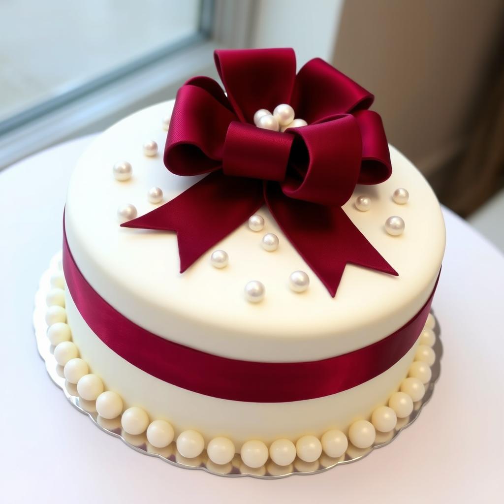 A beautifully decorated round white cake adorned with a large burgundy bow on top