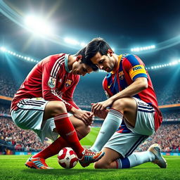 A surreal digital art piece featuring two of the most iconic soccer players of all time, Cristiano Ronaldo and Lionel Messi