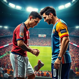 A surreal digital art piece featuring two of the most iconic soccer players of all time, Cristiano Ronaldo and Lionel Messi