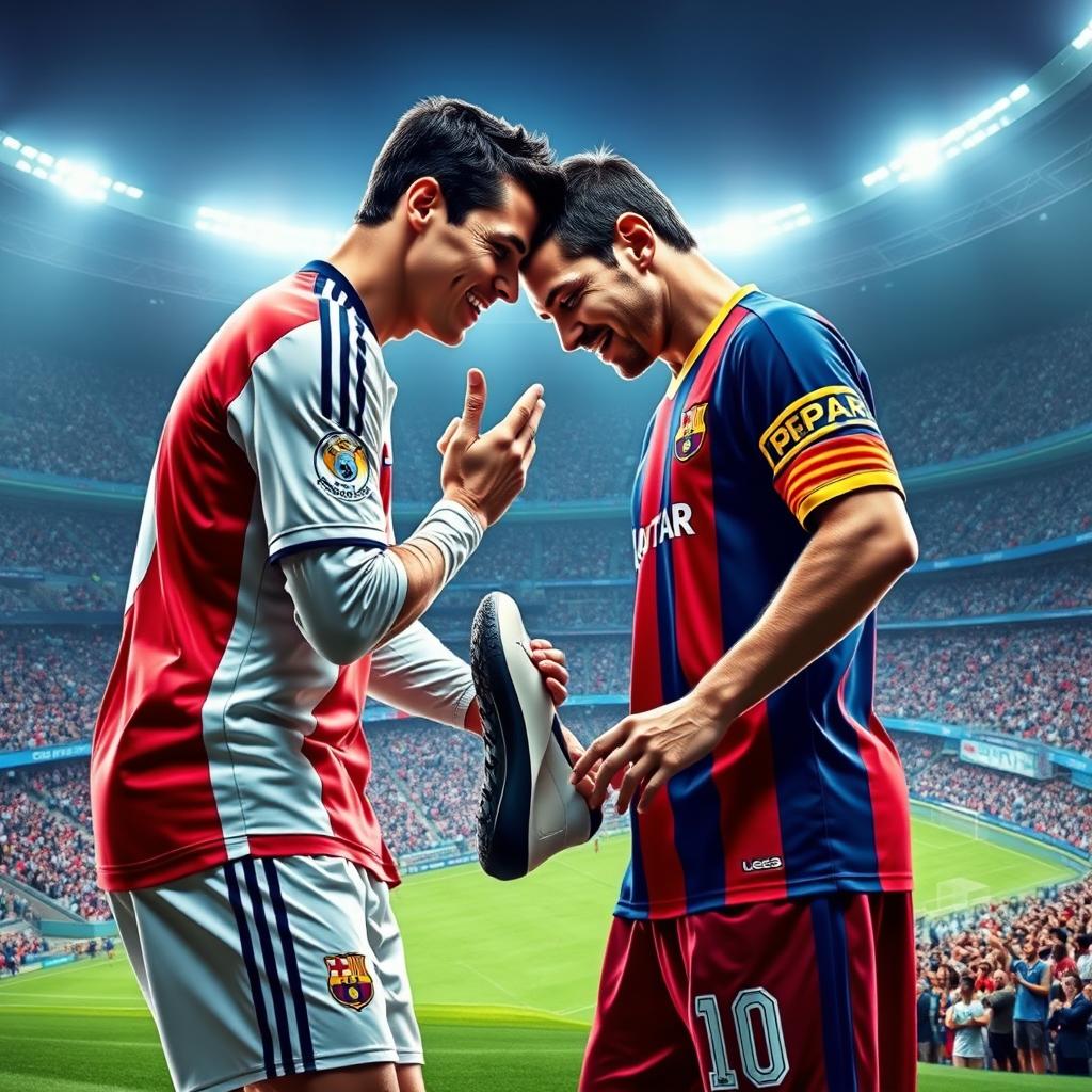 A surreal digital art piece featuring two of the most iconic soccer players of all time, Cristiano Ronaldo and Lionel Messi