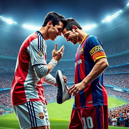 A surreal digital art piece featuring two of the most iconic soccer players of all time, Cristiano Ronaldo and Lionel Messi