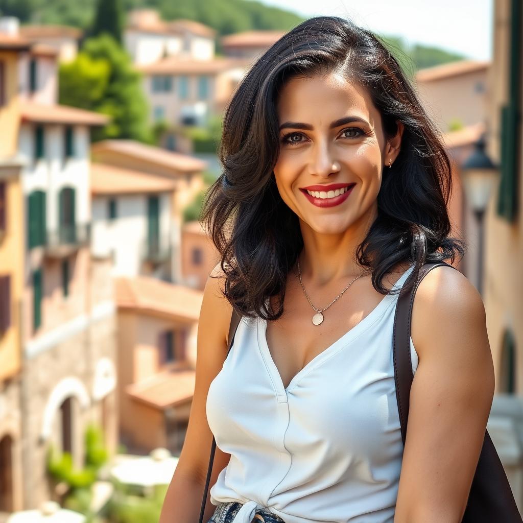 A 39-year-old woman with dark hair, embodying classic Italian features