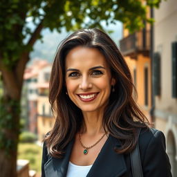 A 39-year-old woman with dark hair, embodying classic Italian features