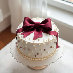 A beautifully decorated white round cake with a large burgundy bow elegantly placed on top