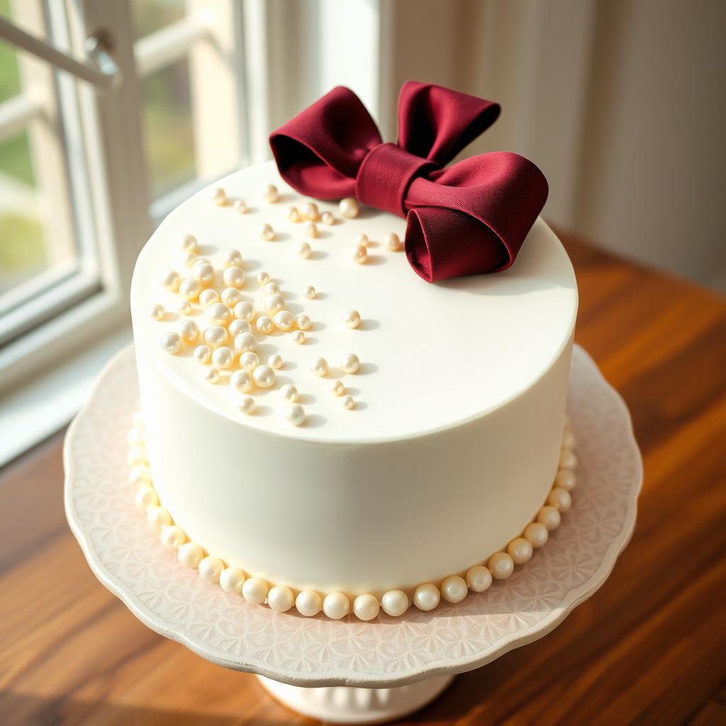 A beautifully decorated white round cake with a large burgundy bow elegantly placed on top