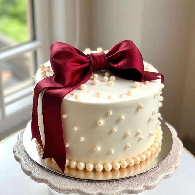 A beautifully decorated white round cake with a large burgundy bow elegantly placed on top