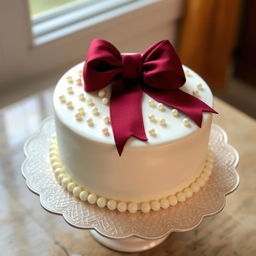 A beautifully decorated white round cake with a large burgundy bow elegantly placed on top