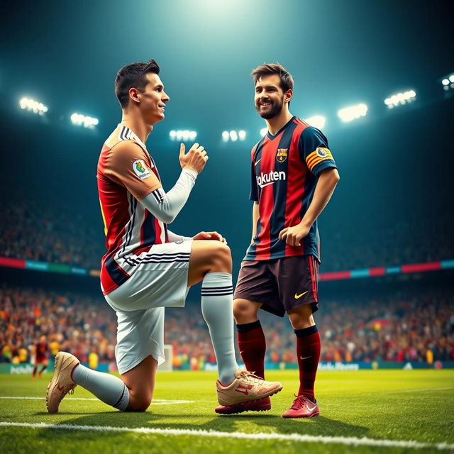 A humorous and surreal scene of Cristiano Ronaldo kneeling and gently kissing Lionel Messi's feet