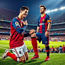 A humorous and surreal scene of Cristiano Ronaldo kneeling and gently kissing Lionel Messi's feet