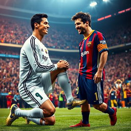A humorous and surreal scene of Cristiano Ronaldo kneeling and gently kissing Lionel Messi's feet