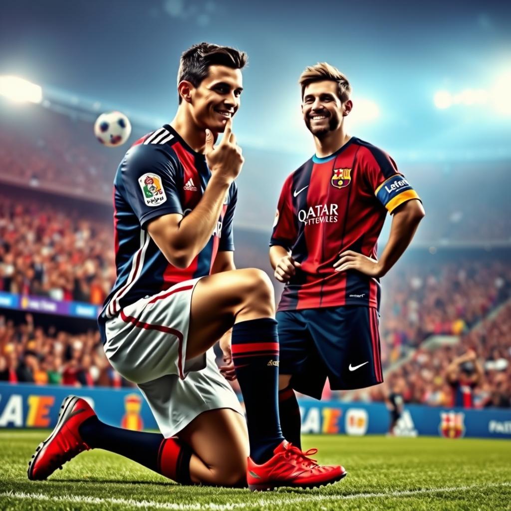 A humorous and surreal scene of Cristiano Ronaldo kneeling and gently kissing Lionel Messi's feet